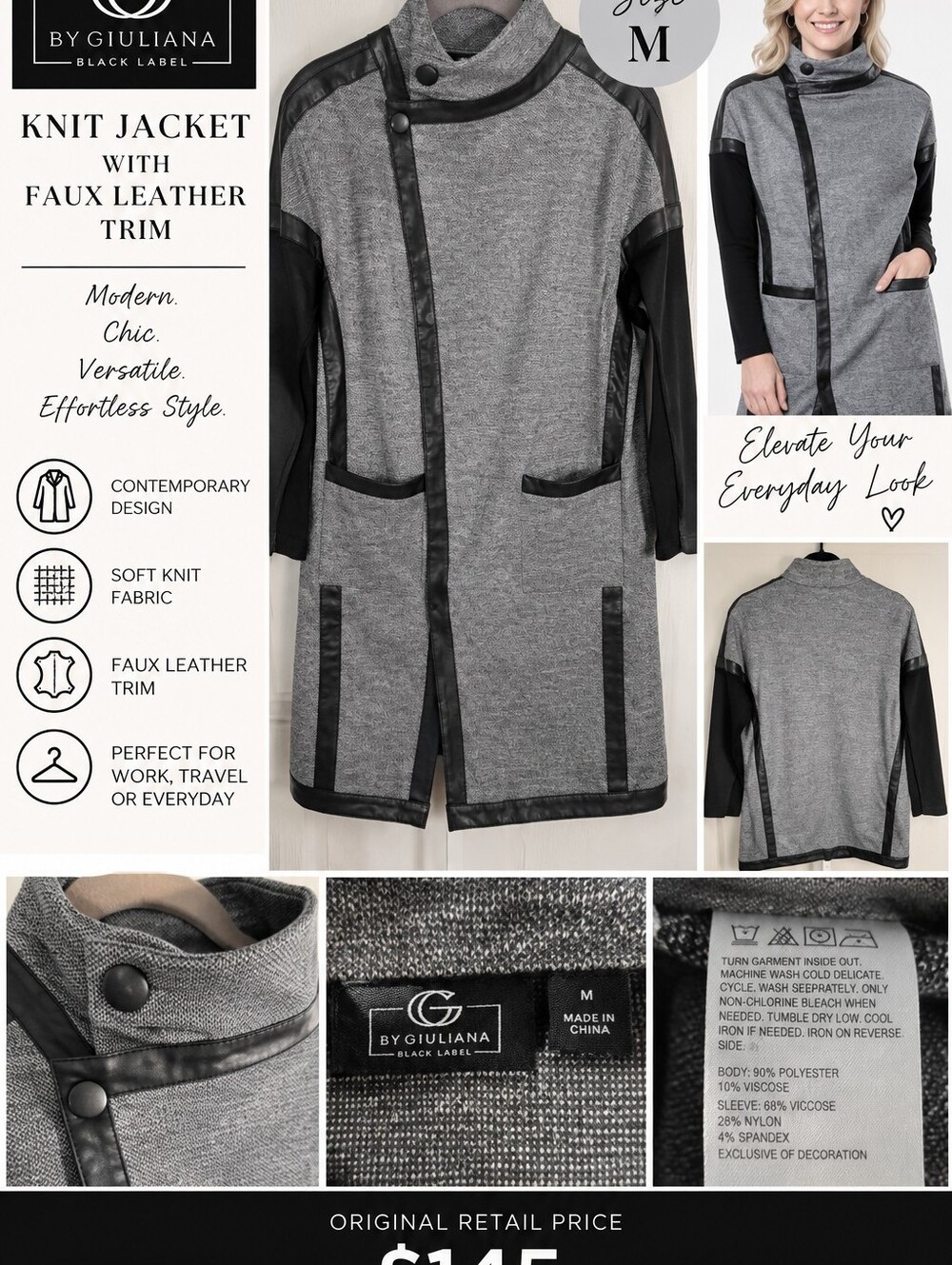 NWT G by Giuliana Gray and Black Knit Jacket with Faux Leather Trim